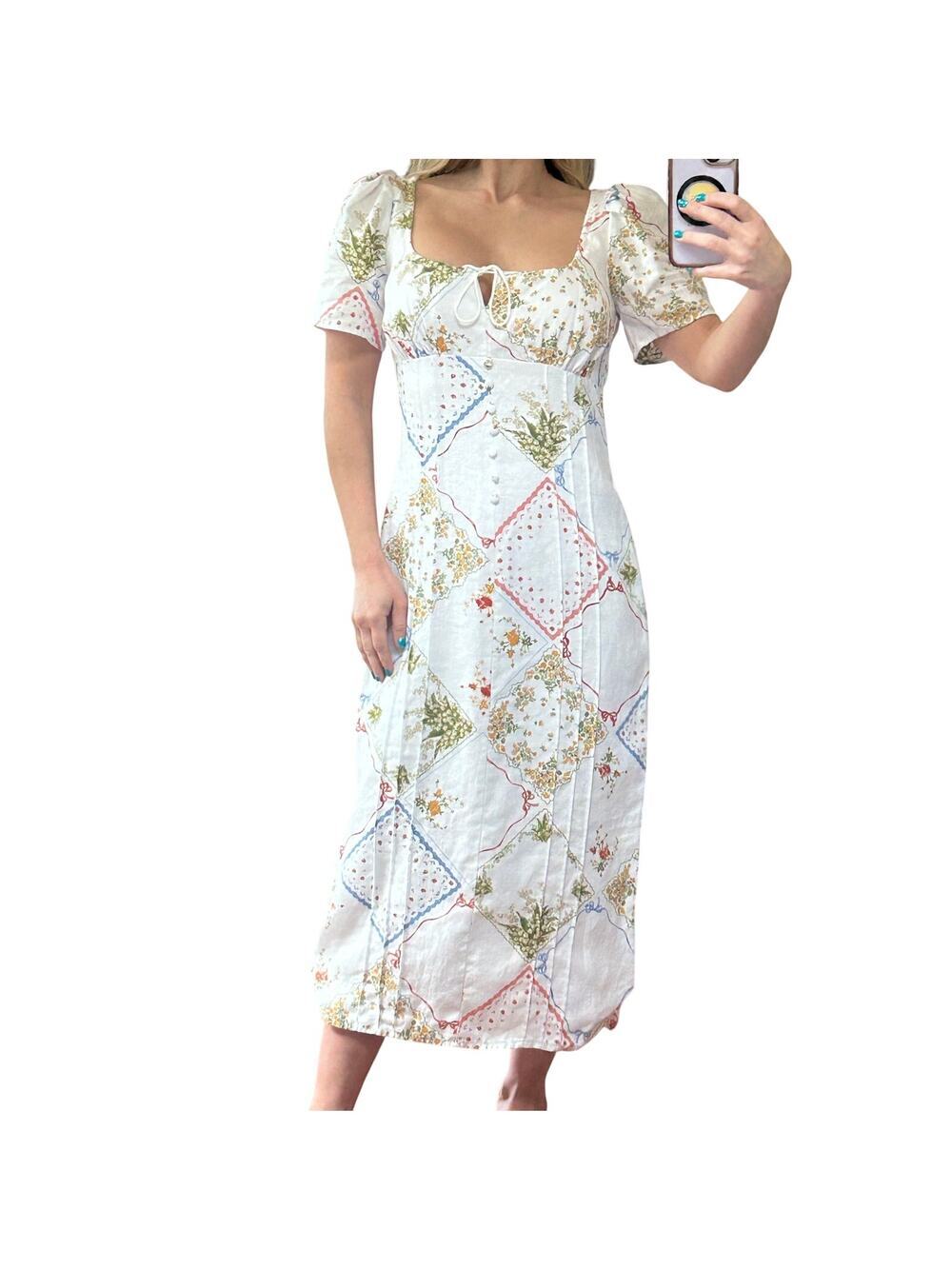 Rare Reformation Pierce Linen Midi Dress Coquette Floral Bows Size 0 Fits 2/4 S